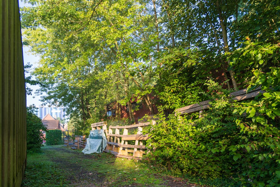 A narrow garden pathway bordered by a weathered wooden fence on the right and dense green foliage on the left. The ground is covered in dark, moist soil with patches of trimmed grass near the fence. O